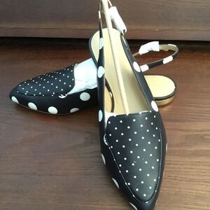 Talbots Black & White Polka-Dot Slingback Flats, NIB, SZ 9.5